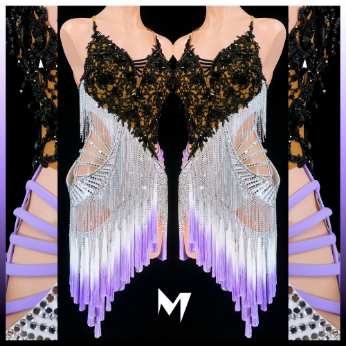 [PRE-OWNED] Embellished Black Lace Motif and Silver Crystallized Fringe Dress with Ombre Tassles #S239