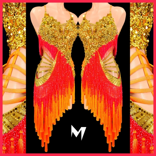 [PRE-OWNED] Embellished Gold Lace Motif and Pink/Orange Crystallized Fringe Dress with Orange Tassles #S240