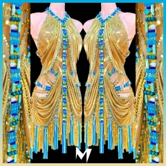 [PRE-OWNED] Metallic Gold and Turquoise Beading Fringe Dress #S238