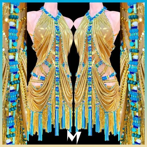 [PRE-OWNED] Metallic Gold and Turquoise Beading Fringe Dress #S238