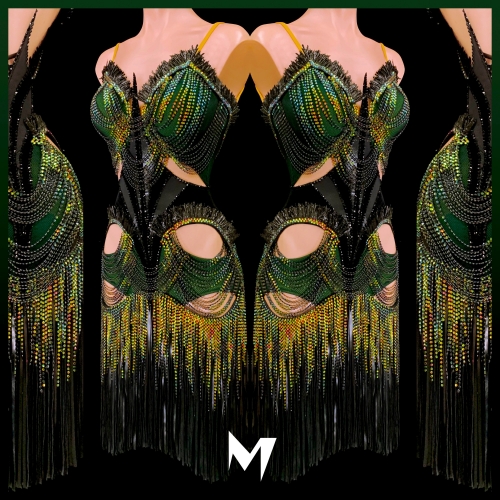 [PRE-OWNED] Black and Green Mesh Dress with Leather Fringes and Irredescent Crystal Drapes #S241