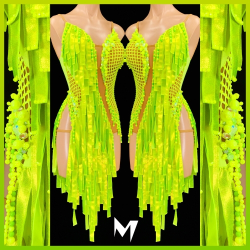 [PRE-OWNED] Metallic Neon Yellow and Green Fabric Straps Dress #S244