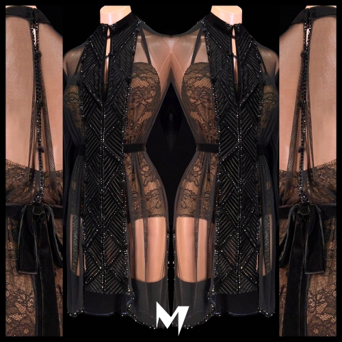 [PRE-OWNED] Black Lace Bodice and Sheer Blouse Dress #S253