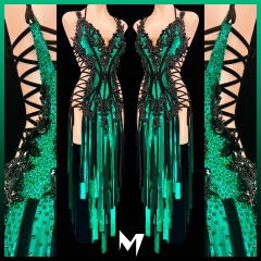 [PRE-OWNED] Emerald and Black Velvet Fabric Strip Dress with Jet Black Lace Motifs #S249