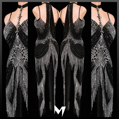 [PRE-OWNED] Black Velvet Hemtatite Crystallized Draped Jumpsuit #S251