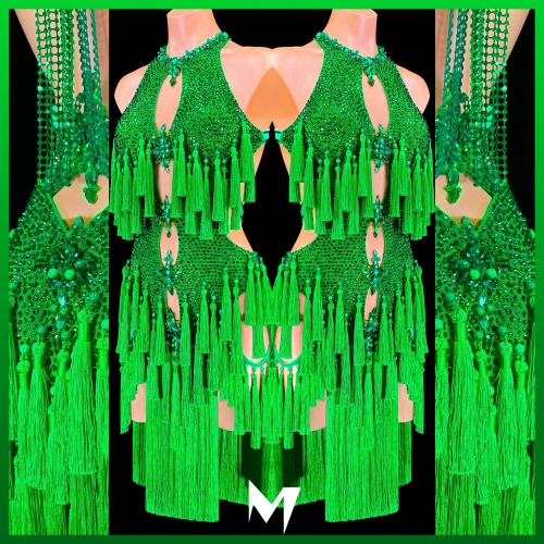 [PRE-OWNED] Bright Green Fringe Tassle Dress #S248