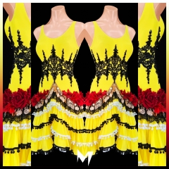 [PRE-OWNED] Yellow and Black Layered Dress with Floral Motifs #S252