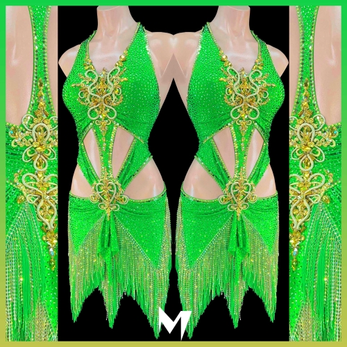 [PRE-OWNED] Green and Gold Lace Motif Fringe Dress #S297