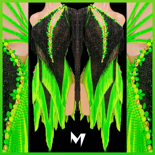 [PRE-OWNED] Jet Black Crystallized Dress with Neon Green and Yellow Beading and Fringe Skirt #S304