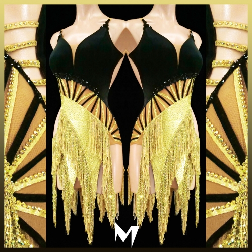 [PRE-OWNED] Black Velvet and Metallic Gold  Asymmetrical Dress #S305
