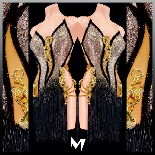 [PRE-OWNED] Animal Print and Black Velvet Fringe Dress with Gold Chains #S306