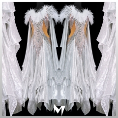 [PRE-OWNED] White Striped and Silver Metallic Chiffon Ballroom (Standard) Dress #S308