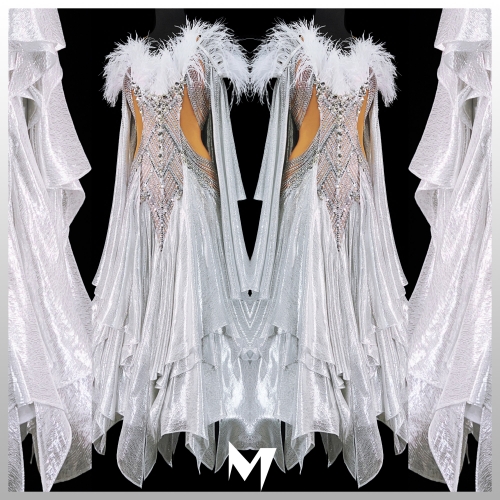 [PRE-OWNED] White Striped and Silver Metallic Chiffon Ballroom Dress #S308