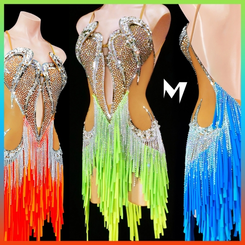 [PRE-OWNED] Crystal Embellished Dress with Interchangeable Orange and Yellow/Green Fabric Fringe Skirts #S302
