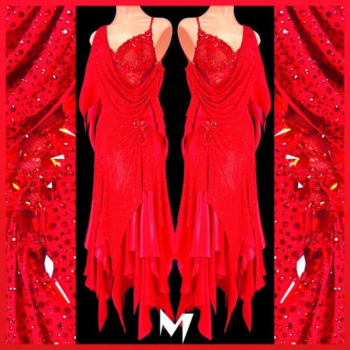 [PRE-OWNED] Red Lace Bustier Draped Panel Skirt Smooth Dress #S310
