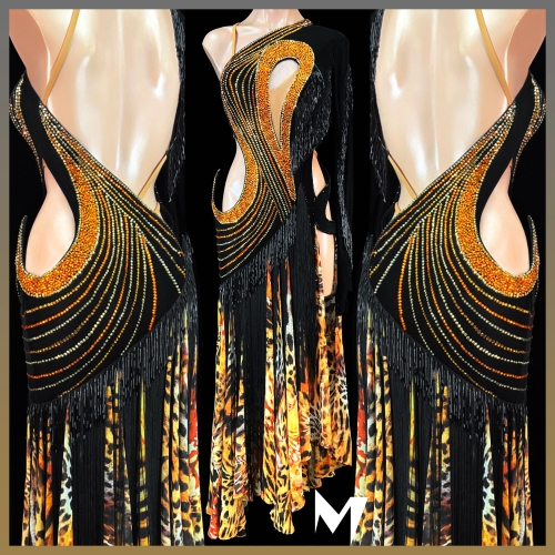 [PRE-OWNED] Orange and Black Velvet Animal Print Smooth Dress #S311