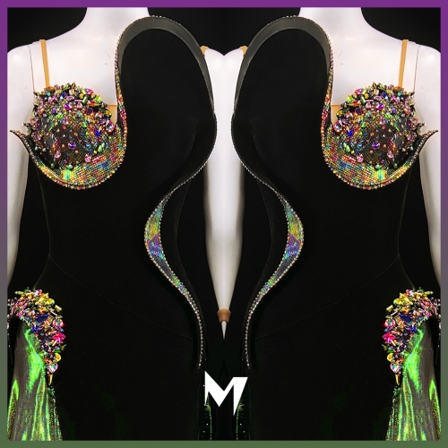 [PRE-OWNED] Black Velvet and Green Holographic Ballroom (Standard) Dress #S315