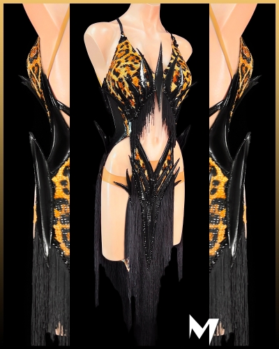 [PRE-OWNED] Leopard Print and Patent Leather Fringe Dress #S338