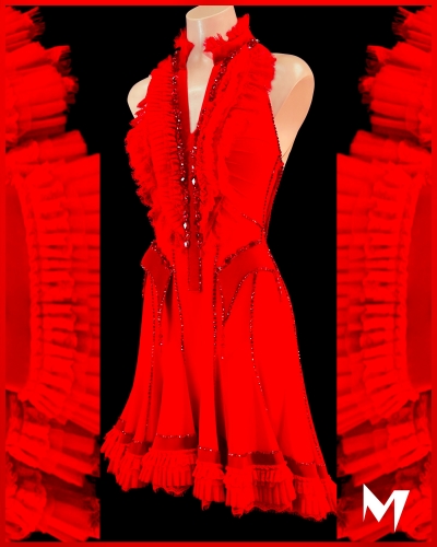 [PRE-OWNED] Crimson Red Lace Trim Blouse Dress #S335