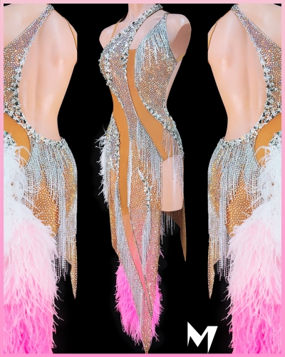 [PRE-OWNED] Crystal & Crystal AB Dress with White and Pink Boa #S337