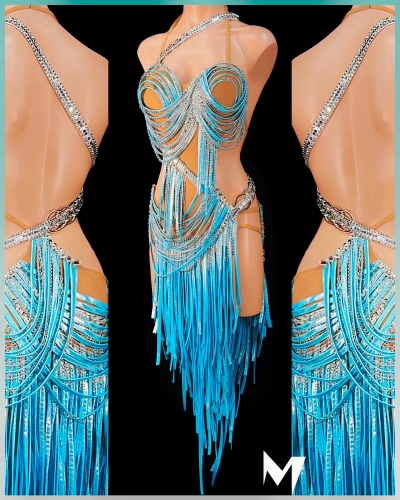 [PRE-OWNED] Metallic Aqua Blue Tube Fringe Dress with Silver Details #S341