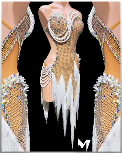 [PRE-OWNED] Crystal AB Net White Fringe Dress #S348