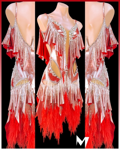 [PRE-OWNED] Silver Shine Metallic Crimson Red Drape Dress with Ostritch Feather Tassles #S349