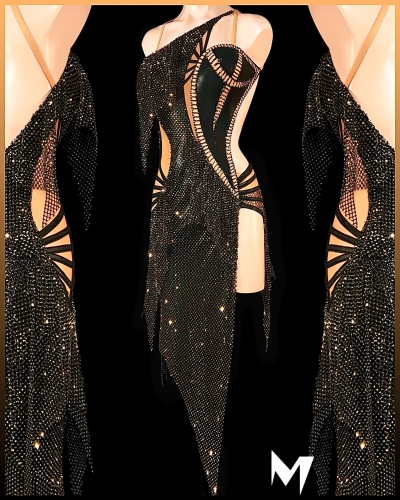[PRE-OWNED] Leathery Lycra and Hematite Crystal Net Dress #S346