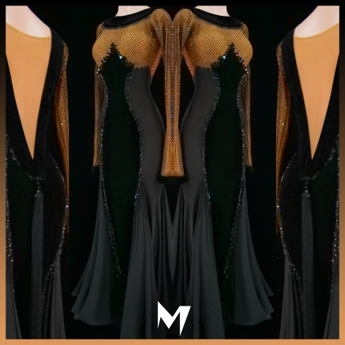 [PRE-OWNED] Sleeve Black Velvet and Fishnet Ballroom (Standard) Dress #S359