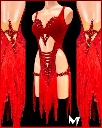 [PRE-OWNED] Red Velvet and Siam Crystal Fringe Dress #S352