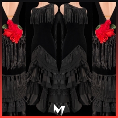 [PRE-OWNED] Black Fringe and Red Rose Ballroom (Standard) Dress #S361