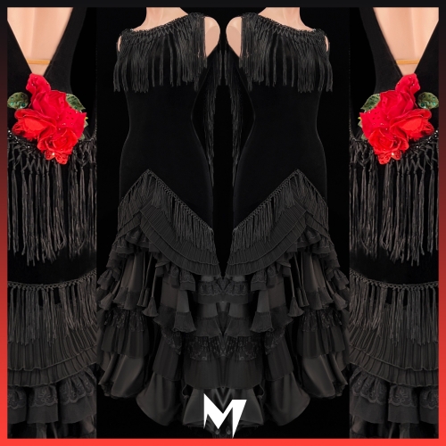[PRE-OWNED] Black Fringe and Red Rose Ballroom (Standard) Dress #S361