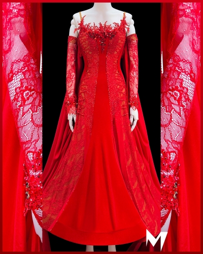 [PRE-OWNED] Red Lace and Velvet Ballroom (Standard) Dress #S355
