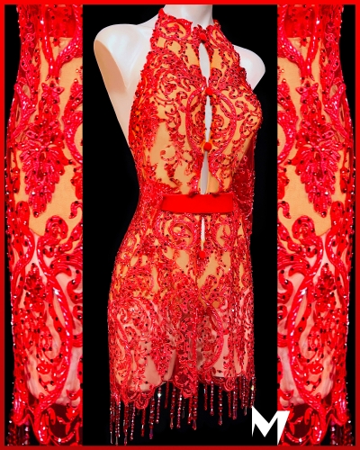 [PRE-OWNED] Red Lace Dress with Bead Droppers #S374