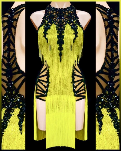 [PRE-OWNED] Yellow Beaded Fringe and Black Lace Motif Fringe Dress #S363