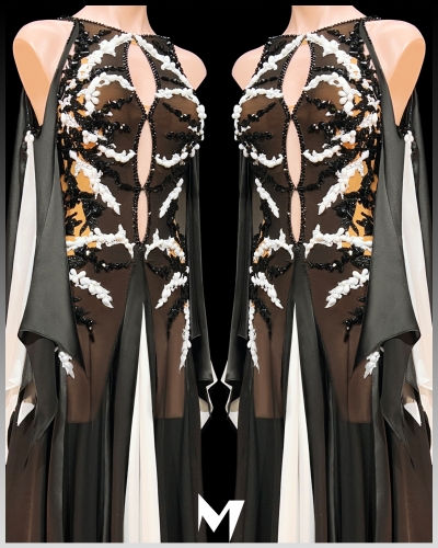 [PRE-OWNED] Black and White Lace Motif Smooth Dress #S373