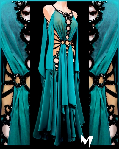 [PRE-OWNED] Deep Teal and Black Beaded Ring Smooth Dress #S369