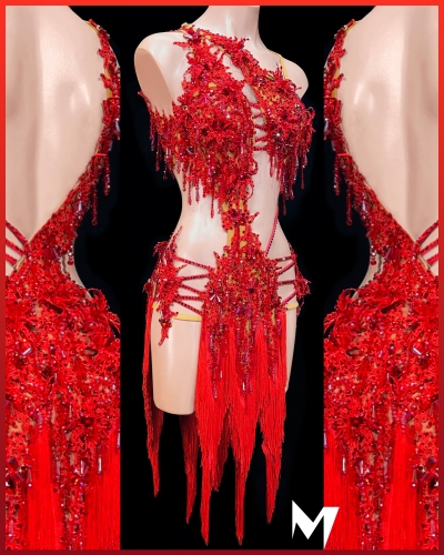 [PRE-OWNED] Red Lace Motif Fringe Dress with Cutouts #S364