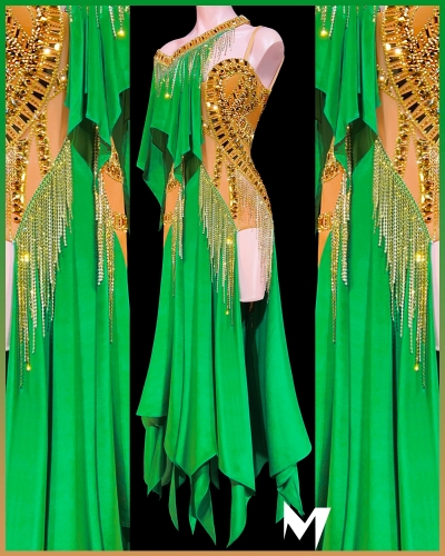 [PRE-OWNED] Green and Gold Asymmetrical Smooth Dress #S368