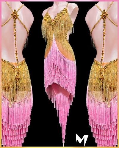 [PRE-OWNED] Gold and Pink Tassle Drape Dress #S382