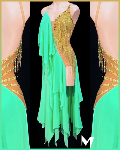 [PRE-OWNED] Mint Green Chiffon and Gold Crystal Smooth Dress #S383