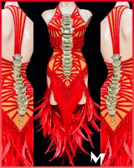 [PRE-OWNED] Red and Gold Feather Dress #S393