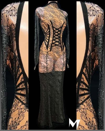 [PRE-OWNED] Long Black Lace Dress with Velvet Corset Lines #S397