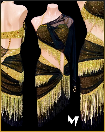 [PRE-OWNED] Draped Black Mesh and Gold Crystallized Fringe Dress #S400