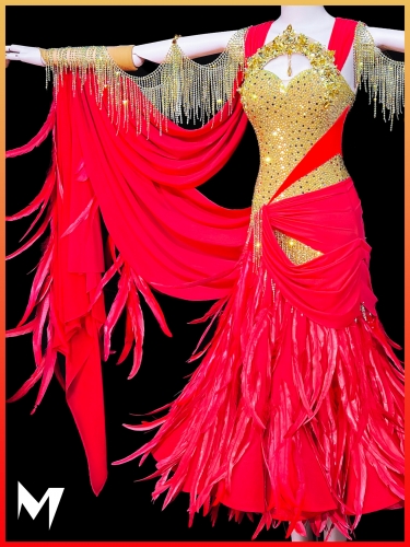 [PRE-OWNED] Red and Gold Feather Ballroom Dress #S409