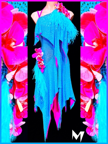 [PRE-OWNED] Sky Blue and Vivid Pink Orchid and Feather Dress #S408