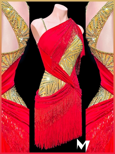 [PRE-OWNED] Red and Gold Draped Fringe Dress #S410