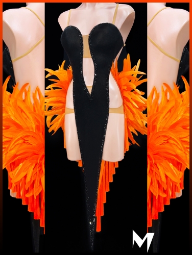 [PRE-OWNED] Black Velvet and Orange Feather Dress #S412