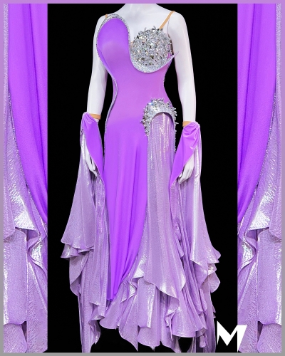 [PRE-OWNED] Lilac Velvet and Metallic Silver Silk Chiffon Ballroom (Standard) Dress #S414