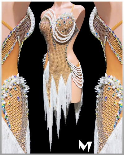 [PRE-OWNED] Crystal AB Net White Fringe Dress #S348
